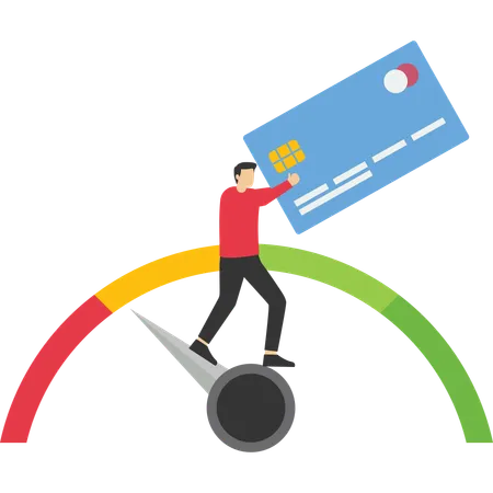 Customer holding plastic card and standing on credit gauge with bad rating  Illustration