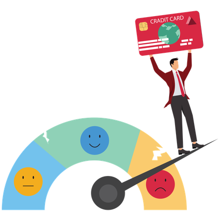 Customer holds plastic card and standing on credit gauge with bad rating  Illustration