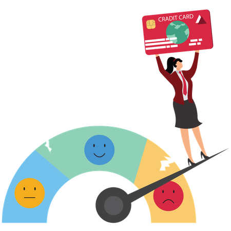 Customer holds plastic card and standing on credit gauge with bad rating  Illustration