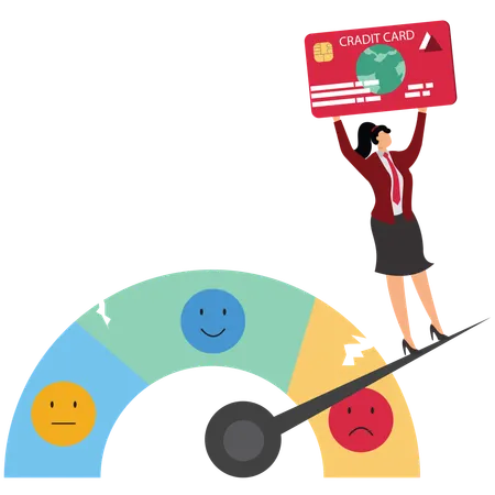 Customer holds plastic card and standing on credit gauge with bad rating  Illustration