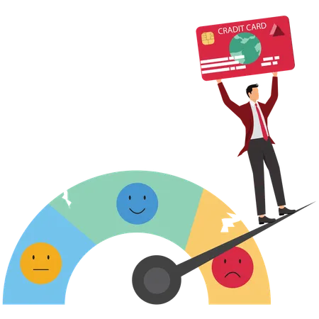 Customer holds plastic card and standing on credit gauge with bad rating  Illustration