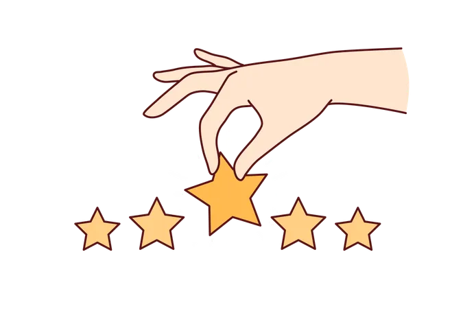 Hand With Stars Is Metaphor For Feedback From Customer Positively Evaluating Service And Giving Rating 5 High User Satisfaction Rating After Ordering Online In Restaurant Or Taking Taxi Ride 일러스트레이션