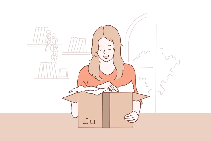 Unwrapping Pleasant Surprise Package Delivery Concept Young Girl Unpacking Cardboard Parcel With Delighted Facial Expression Customer Opening Box Simple Flat Vector Illustration
