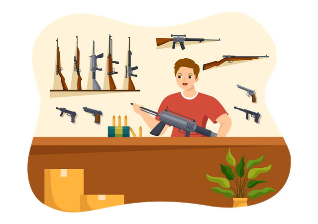 Customer looking for gun at gun shop Illustration