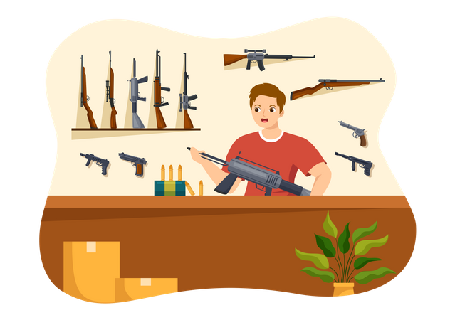 Customer looking for gun at gun shop  Illustration