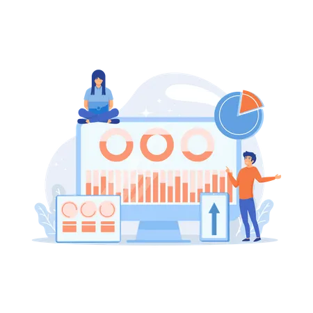 Customer managers working with customers pie charts and devices  Illustration