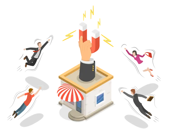 Customer Retention Flat Isometric Vector Concept Hand With Magnet Has Appeared From The Store Building Attracting People From Everywhere Illustration