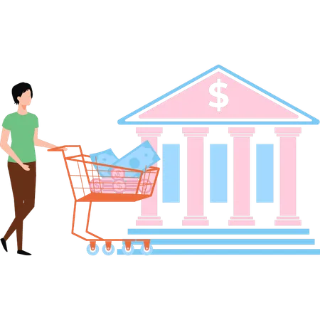 A Girl Is Carrying A Trolley Of Dollars To A Bank Illustration