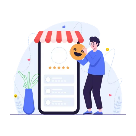 Illustration Of Customer Provide Happy Emoji And Five Stars Rating Illustration