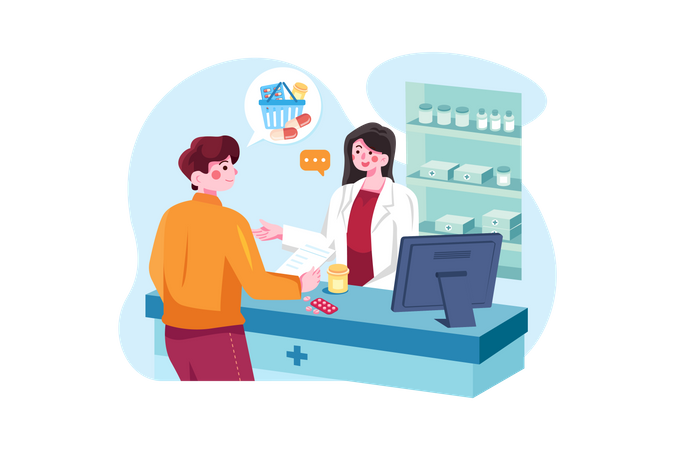 Customer purchasing medicine from the pharmacy  Illustration