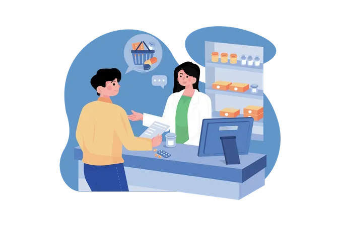 Customer Purchasing Medicine From The Pharmacy  Illustration