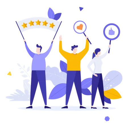 Group Of People Holding Banners With Five Stars Like And Thumbs Up Symbols Concept Of Community Feedback Collective Positive Evaluation Of Service Modern Flat Vector Illustration For Banner Illustration