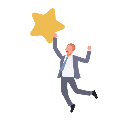 Businessman Jumps To Reach Out For The Star And Got It Happy Businessman Catched The Star Vector Illustration Illustration