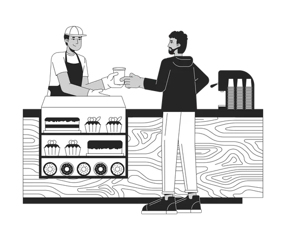 Customer Receiving Coffee From Barista Black And White 2 D Line Cartoon Characters Indian Man African American Guy Isolated Vector Outline People Coffee Shop Monochromatic Flat Spot Illustration Illustration