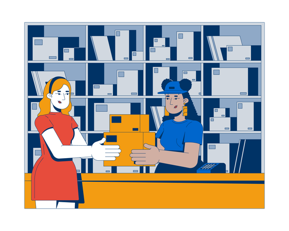 Customer receiving packages from postal worker at post-office  Illustration