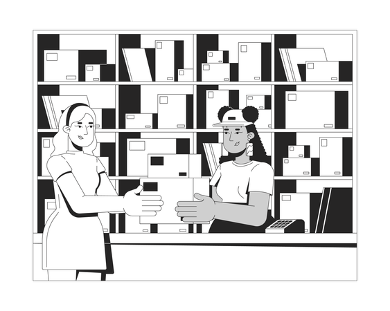 Customer receiving packages from postal worker at post-office  Illustration