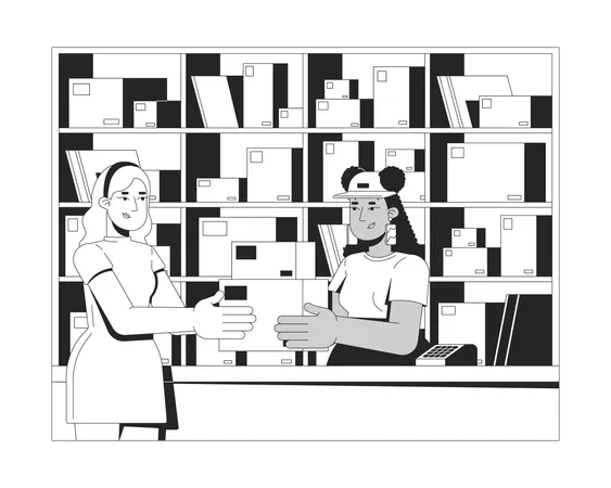 Customer receiving packages from postal worker at post-office  Illustration