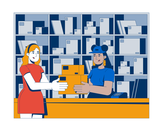 Customer receiving packages from postal worker at post-office  Illustration