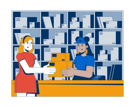 Customer receiving packages from postal worker at post-office  Illustration