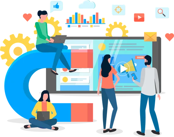 Attracting Online Customers Big Magnet And People With Laptop Around Customer Retention Strategy Digital Inbound Marketing Customer Attraction Banner Team Work And Discussion Project Management Illustration