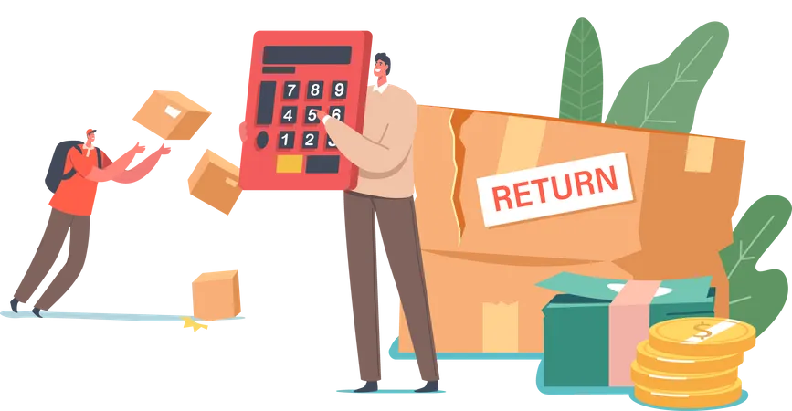 Characters Return And Exchange Damaged Goods To Shop Clumsy Courier Drop Parcel On Ground Tiny Customer Holding Huge Calculator Near Broken Box And Money Pile Cartoon People Vector Illustration Illustration