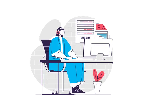 Support Center Web Concept Woman Works On Hotline Helpline Tech Support Call Center People Scene Flat Characters Design For Website Vector Illustration For Social Media Promotional Materials Illustration