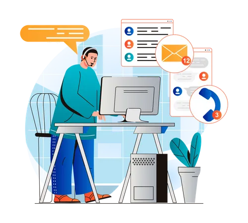 Customer Support Concept In Modern Flat Design Operator Works At Computer Responds To Incoming Emails Advises Clients Consultant Works In Call Center Online Communication Vector Illustration Illustration