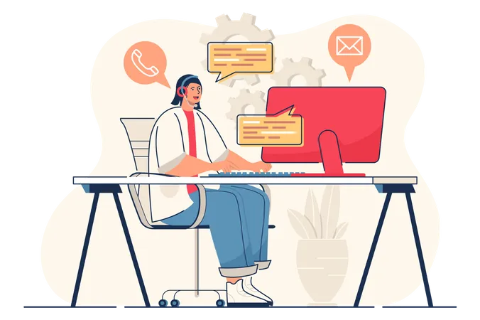 Customer Service Concept For Web Banner Call Center Operator In Headphones Talks With Client Hotline Consultant Modern Person Scene Vector Illustration In Flat Cartoon Design With People Characters Illustration