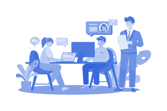 Customer Service Center Employees helping customers  イラスト