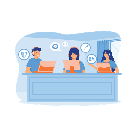 Customer service hotline operator consulting with customer with headset on computer  Illustration