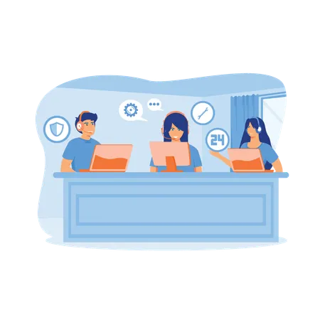 Customer service hotline operator consulting with customer with headset on computer  Illustration
