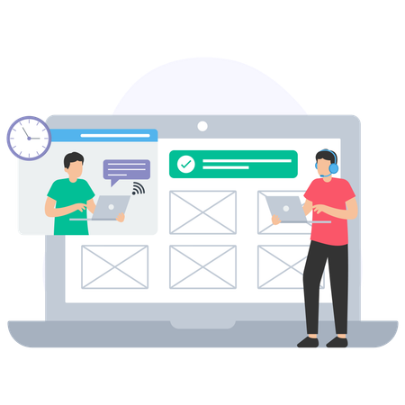 Customer service operator working remotely using a laptop and assisting a client  Illustration
