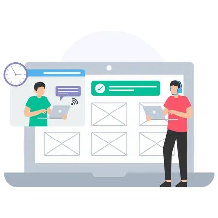 Customer service operator working remotely using a laptop and assisting a client  Illustration
