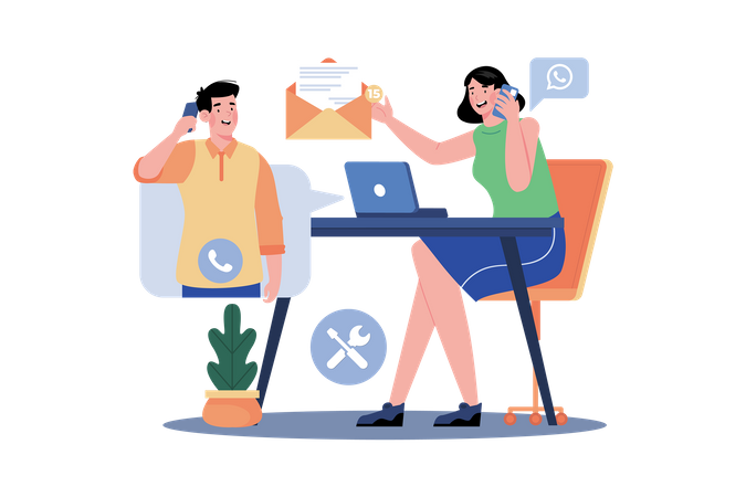 Customer service representative answering phone calls and emails while assisting customers  イラスト