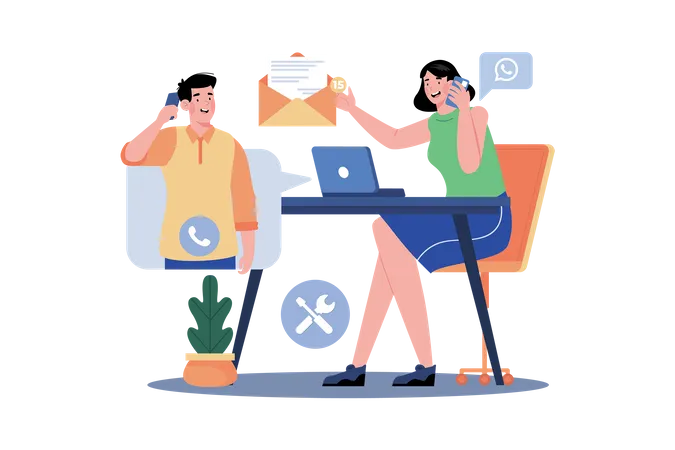 Customer service representative answering phone calls and emails while assisting customers  Illustration