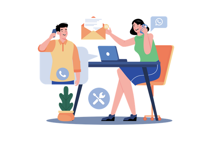 Customer service representative answering phone calls and emails while assisting customers  Illustration