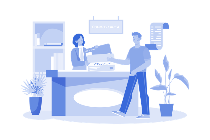 Customer Service Staff at the Office Counter Area Receive Credit Card  Illustration