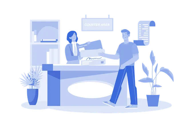 Customer Service Staff At The Office Counter Area Receive Credit Card Illustration