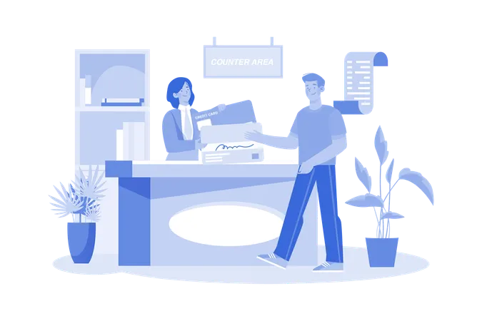 Customer Service Staff at the Office Counter Area Receive Credit Card  Illustration