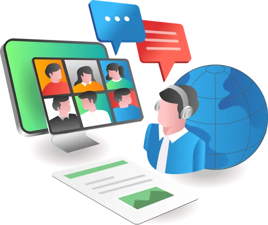 Illustration Isometric Concept Customer Service Video Call With World Clients Illustration