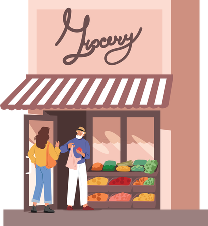 Customer shopping at street local grocery market store with natural food  Illustration