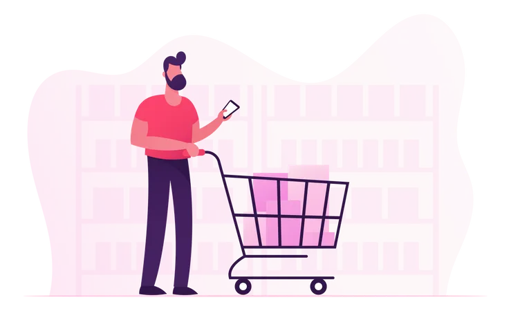 Customer Stand In Grocery Supermarket With Goods In Shopping Trolley  Illustration