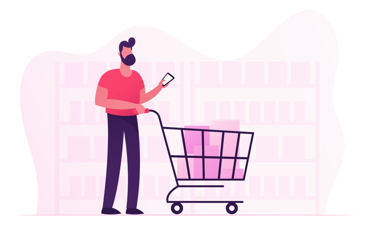 Customer Stand In Grocery Supermarket With Goods In Shopping Trolley  Illustration