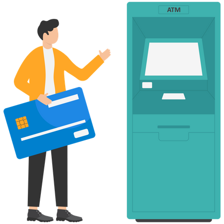 Customer standing near an ATM machine and holding a credit card  Illustration