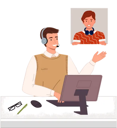 Man Operator Of Call Center Or Hotline Smiling Consultant With Headset And Computer Talking With Customer Solving Client Problems At Distance Video Conference Meeting Manager Working With Call Illustration