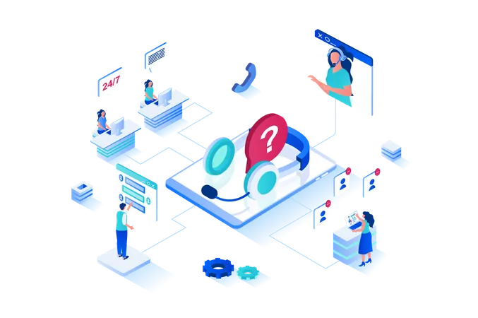 Customer Support 3 D Isometric Web Design People Call Technical Support To Get Advice And Resolve Their Issues Operators In Headsets Answer And Advise Chatting Clients Vector Web Illustration Illustration