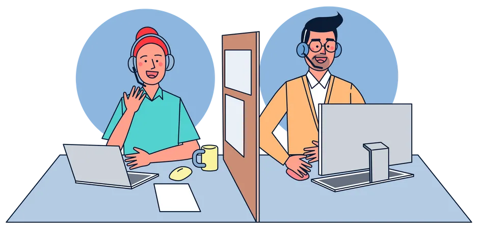Call Center Operators At Work Woman And Man With Headphones And Microphone With Laptop For Customer Support Help Call Center Vector Illustration Flat Design Illustration