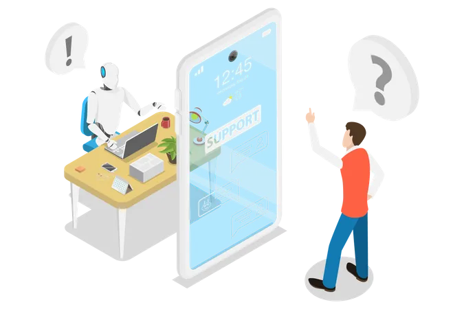Customer Support Chatbot Assistant, AI, Artificial Intelligence, Markting Strategy Illustration