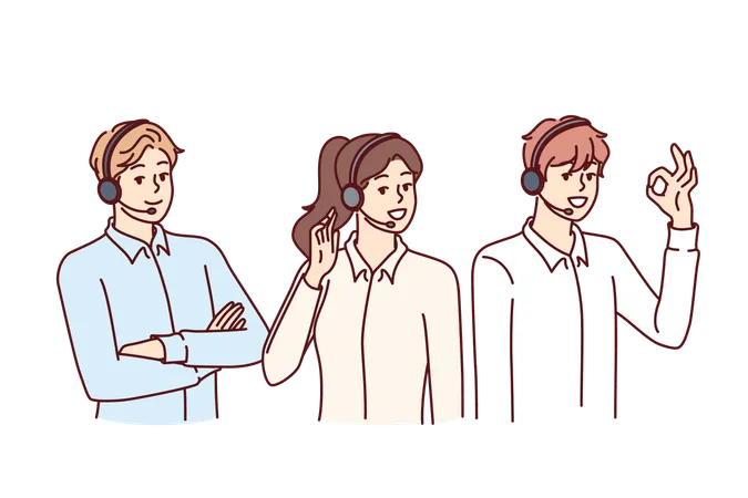 Call Center Or Customer Support Employees Use Headset With Microphone To Make Telephone Sales Two Men And Woman Work In Call Center Answering Questions From Clients Asking For Help Illustration