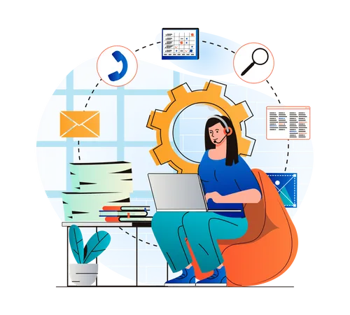 Customer Support Concept In Modern Flat Design Woman In Headset Works At Laptop Advises Clients Consultant Works In Call Center Or Technical Support Online Communication Vector Illustration Illustration